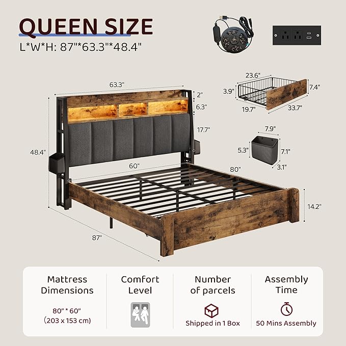 BRELTAM Queen Bed Frame with 2 Storage Drawers and 2-Tier Headboard,Upholstered Wooden Platform Bed with Charging Station, LED Lights,Noise-Free/Metal Support/No Box Spring Needed,Vintage Brown
