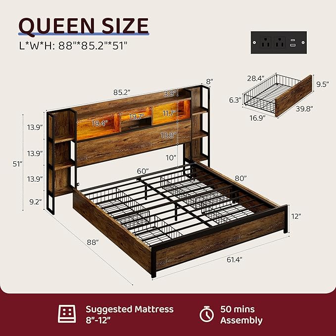 BRELTAM Queen Size Bed Frame with 4 Storage Drawers and Headboard Featuring Shelf Storage, Wooden Platform Bed Frame with LED Lights and Charging Station, Easy Assembly/No Box Spring Needed/Brown