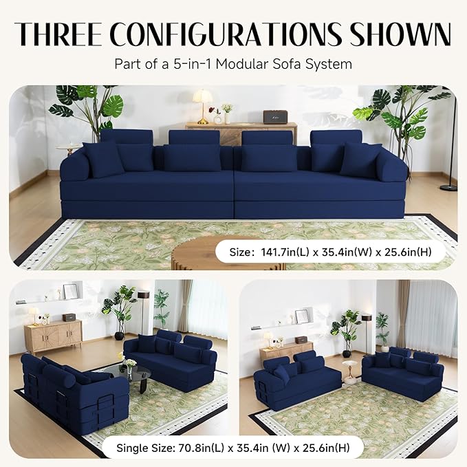 106" L-Shaped Modular Boneless Couch, 2-Piece System (2×70.87"), Convertible Sectional to 141.7" Straight Sofa, Corduroy Couch in a Box, Headrest & Back Pillows for Living Room, Navy Blue