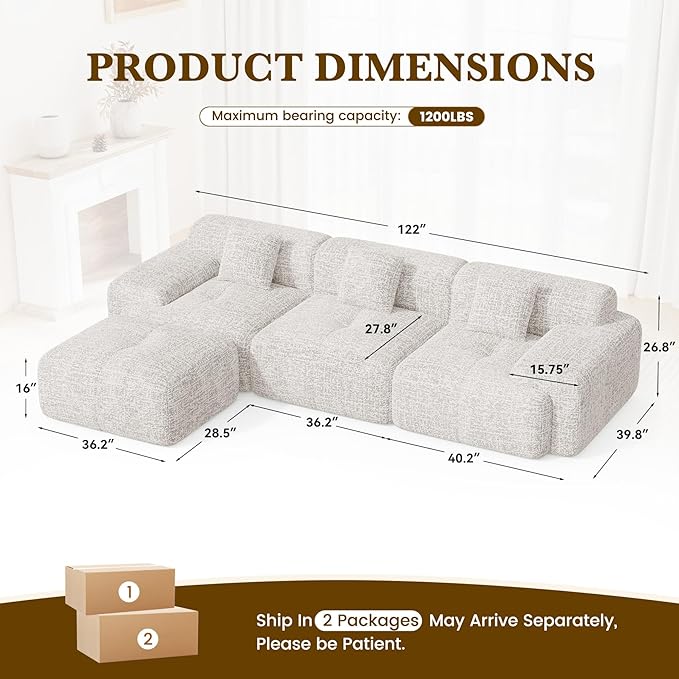 122" L Shaped Convertible Modular Couch, Cloud Couch Sectional with Ottoman, 4-Seater Chenille Boneless Couches for Living Room, Apartment, No Assembly, Beige 1PCS | With Ottoman, 4-Seater, Chenille Boneless, No Assembly, 1PCS