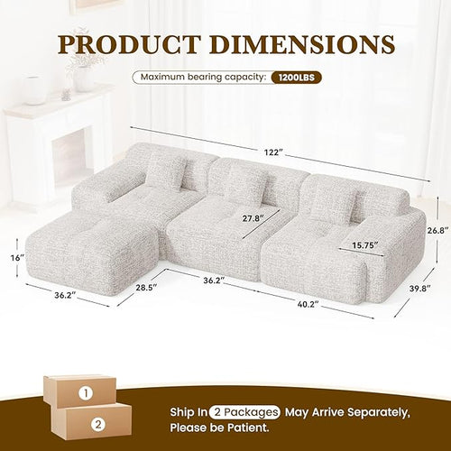 122" L Shaped Convertible Modular Couch, Cloud Couch Sectional with Ottoman, 4-Seater Chenille Boneless Couches for Living Room, Apartment, No Assembly, Beige 1PCS | With Ottoman, 4-Seater, Chenille Boneless, No Assembly, 1PCS