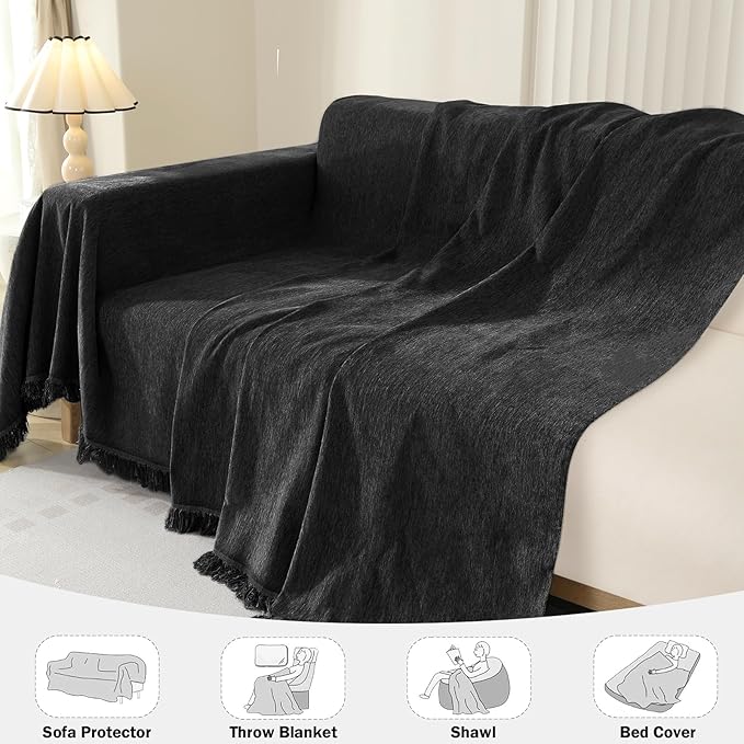 OstepDecor Sectional Couch Covers 2 Pieces, L Shaped Sofa Cover, Chenille Couch Cover for Dogs Washable, Couch Cover Blanket, Sofa Slipcover for 2-3 Cushion Couch (71"x102"+71"x118", Black)