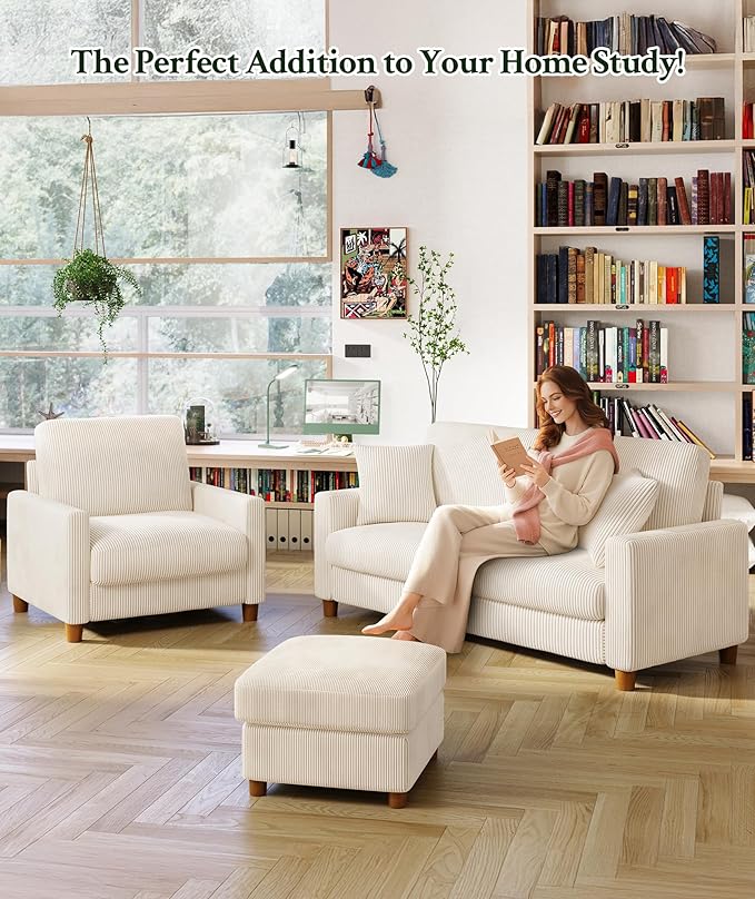 35.3" Couches for Living Room, Comfy Beige Couch Single with 22.5" Deeper Seat, Accent Chair Tool-Free Setup, Reading Chair 440lbs Support, Corduroy Couch for Bedroom, Apartment, Office