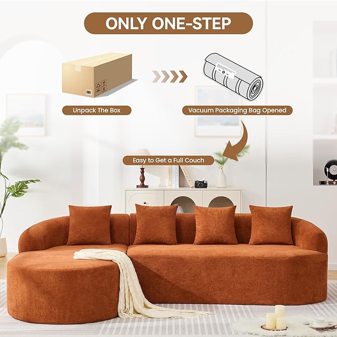 Boneless L Shaped Sofa Couch, Oversized Sectional Curved Cloud Sofa with Chaise Lounge, Chenille 4 Seats Deep Seat Couches for Living Room, No Assembly, Orange