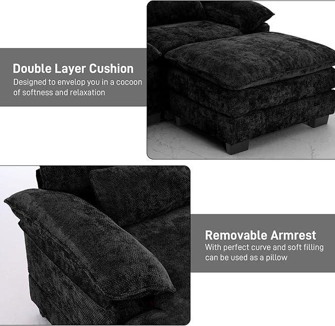 114" Cloud Couch Sectional Modular Sofa U Shaped Sectional Couches for Living Room Comfy 5-Seater Deep Seat Couch Chenille Cloud Sectional Sofa with Movable Ottoman & 4 Pillows, Jet Black