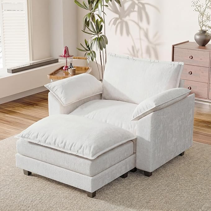Single Chaise Lounge with 30'' Deep Seat & Movable Ottoman, Reading Chair with Wide Armrest, Chenille Cloud Couch Double Layer Cushion for Living Room, Office, Bedroom (White, Single Sofa Chair)