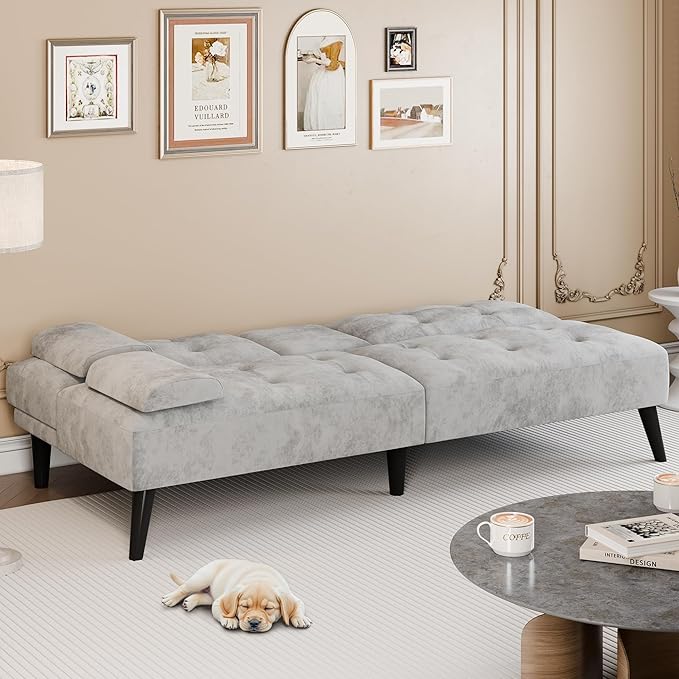 Meilocar 64" Futon Sofa Bed, Convertible Loveseat with 2 Cup Holders, Small Couch with 3 Adjustable Angles & Removable Armrest, Modern Sleeper Sofa for Apartment, Office, 5.3 FT, Light Grey