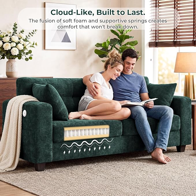 70" Loveseat Sofa for Living Room, Modern Chenille Cloud Couch with USB/Type-C Charging Ports, Side Pockets, Removable Cover, Wide Armrests, Small Couch for Small Space, Easy Assembly, Green