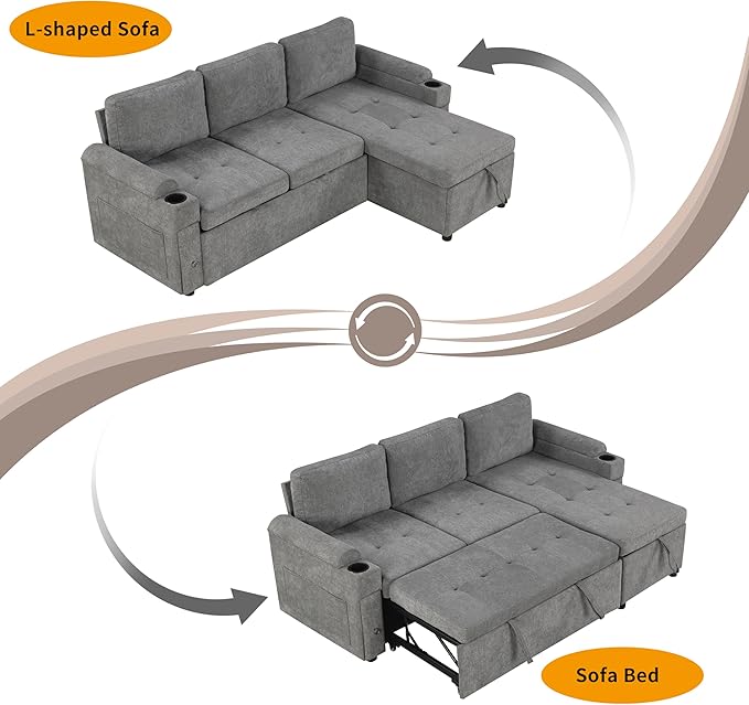 Harper & Bright Designs 83.5" L-Shaped Sofa Couch Convertible Sofa Bed Sectional Sofa with Ample Storage Space, Two Cup Holders and Two USB Ports for Living Room, Gray