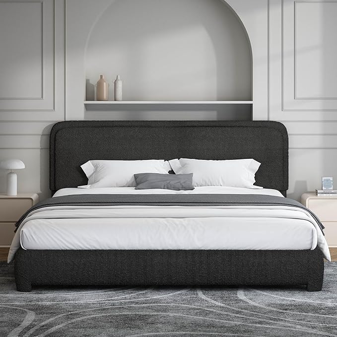 BarnFurin King Size Boucle Bed Frame and Headboard, Cloud Upholstered Platform Bed Frame, Soft Rounded Corners, No Box Spring Required, Non-Slip and Noise-Free, Easy Assembly, Black