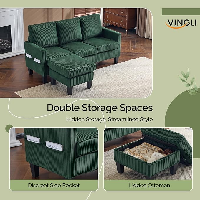VINGLI 68.5' L Shaped Couch with Movable Storage Ottoman, Convertible Sectional Sofa in Soft Corduroy Fabric, Modern Reversible Chaise Couch for Small Spaces, Apartment, Living Room，Dark Green
