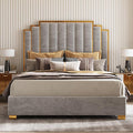 AMERLIFE California King Size Upholstered Bed, Modern Velvet Bed Frame with 65.4” Tall Gold Trim Headboard, No Box Spring Needed, Grey