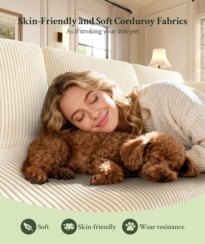 87.2" Couches for Living Room, Comfy Beige Couch 7.5" Extra Thick Cushion, Sofas for Living Room Tool-Free Setup, Loveseat Sofa 848lbs Support, Corduroy Couch for Bedroom, Apartment, Office