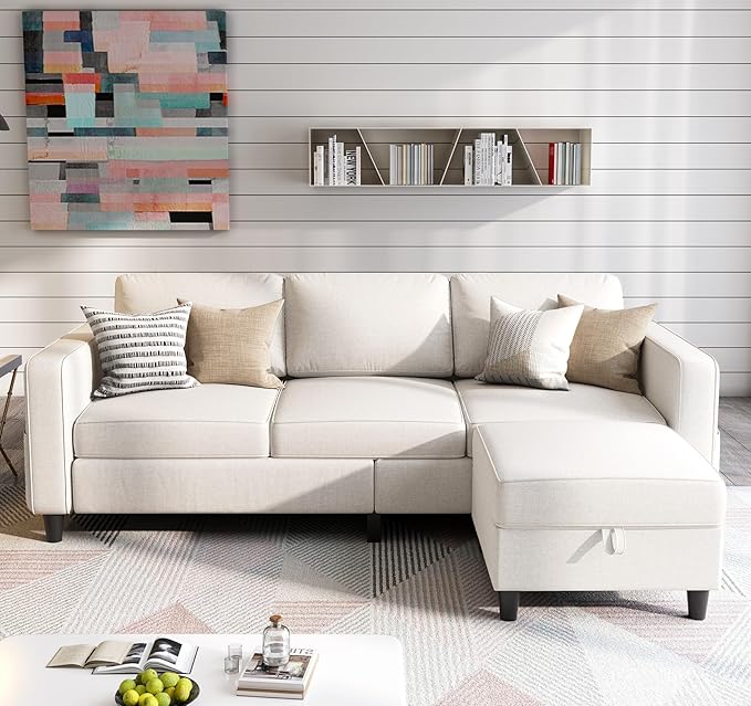 Sectional Sofas Couches for Living Room 78" L-Shaped Couch - Modern Linen Beige Sofa with Storage Ottoman USB for Apartments, Studios & Home Offices, Small Space