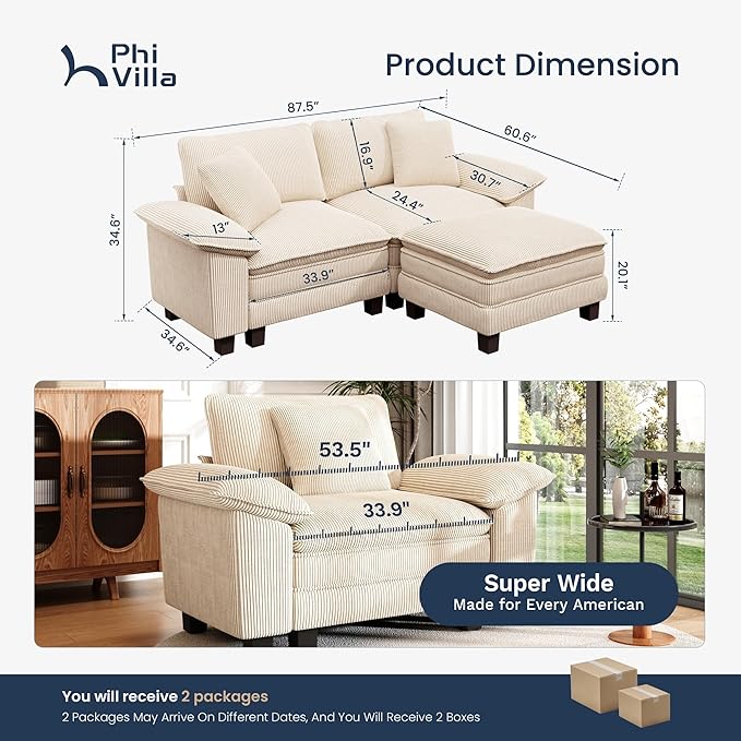 PHI VILLA Cloud Modular Couches Sets, 87.5" Sectional Loveseat Sofa with 1 Movable Ottoman, 3-Seater Comfy Couches for Living Room Apartment, Corduroy Fabric, Beige
