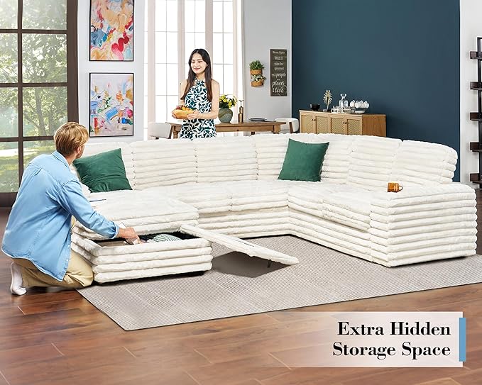 PaPaJet 112 Inch U Shaped Couch, Oversized Couch with Storage, Sectional Sofa with Chaise & 2 USB Ports, Faux Fur White Sofa