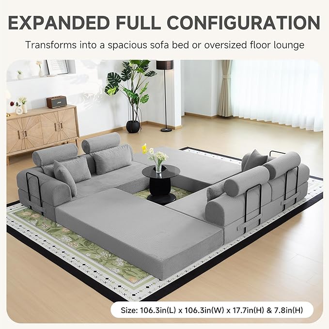106” L Shaped Boneless Sectional Couch, Two 70.87” Pieces Convert to 141.7” Extra Long Straight Sofa, Corduroy Couch in a Box with Headrest and Back Pillows for Apartment Living Room, Light Grey