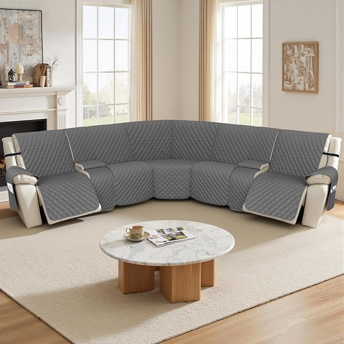 Arfntevss Recliner Sectional Couch Covers 1OO% Waterproof L Shape Sofa Cover for Reclining L Shaped Sectional Slipcover Dog Washable Corner Non Slip Protector (5 Seater with 2 Console, Deep Grey)