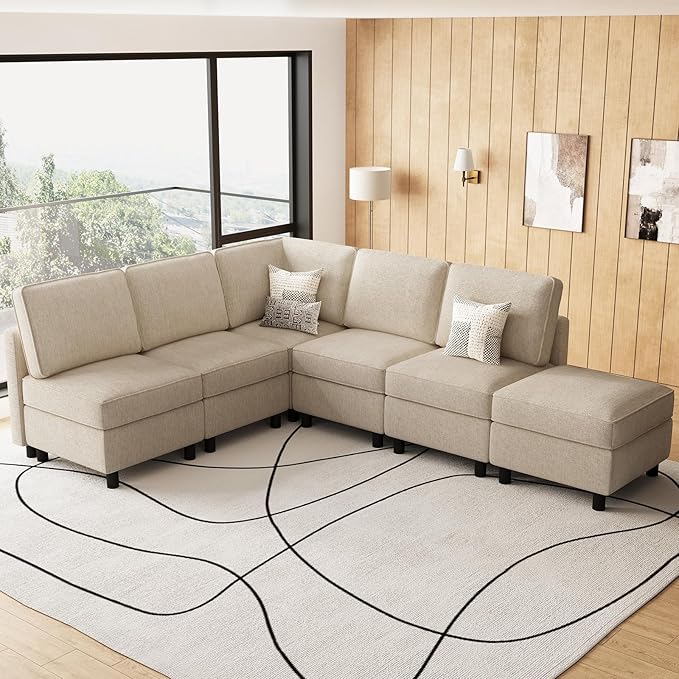 Belffin 107.1" 6 Seats L Shaped Couch Modular Sectional Sofa Seat Couch with Storage Comfy Washable Sectional Couches for Living Room Sofas with Chaise,Beige