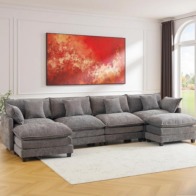 U-Shaped Cloud Chenille Sofa Sectional Couch with 2 Ottomans, 146" Modular Sofa for Large Spaces, Ultimate Comfort with Deep Seats & Pillows, Solid Frame, 1YR Warranty