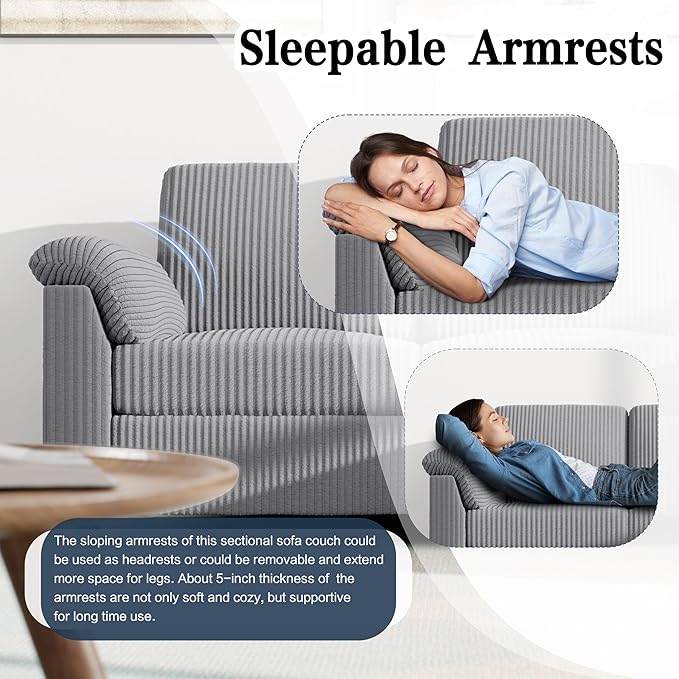 Meilocar Sectional Sofa Couch for Living Room, 79" Sectional Couches with Storage Ottoman, L Shaped Couch with Sloping Armrests, 3-Seat Sofa Couches for Small Space, Light Grey | Breathable Material