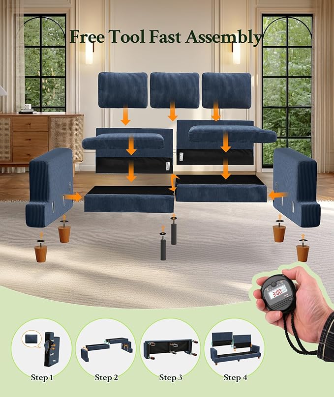 87.2" Couches for Living Room, Comfy Blue Couch 7.5" Extra Thick Cushion, Sofas for Living Room Tool-Free Setup, Loveseat Sofa 848lbs Support, Corduroy Couch for Bedroom, Apartment, Office