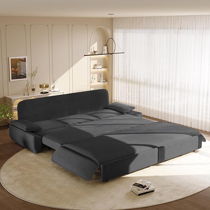 KEIKI 94.5" King 3-in-1 Sleeper Sofa, Oversized Pull-Out Couch with Cloud Comfort & Reclining Back, Corduroy Convertible Loveseat for Office, RV & Guest-Ready Spaces