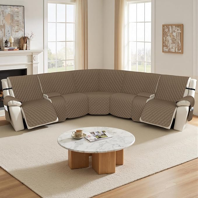 Arfntevss Recliner Sectional Couch Covers 1OO% Waterproof L Shape Sofa Cover for Reclining L Shaped Sectional Slipcover Dog Washable Corner Non Slip Protector (5 Seater with 2 Console, Light Brown)