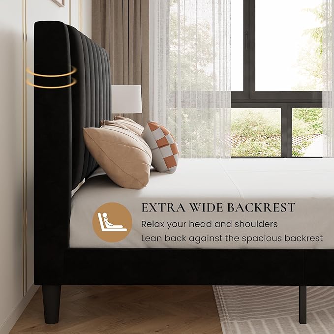SHA CERLIN Twin Bed Frame/Velvet Upholstered Platform Bed Frame with Headboard/Strong Wood Slats Support/Mattress Foundation/No Box Spring Needed - Black