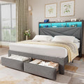 Driftalia Full Size Bed Frame with 2-Tier Storage Headboard, Upholstered Full Bed Frame with 2 Drawers, Charging Station and LED Lights, No Box Spring Needed, Easy Assembly - Light Grey