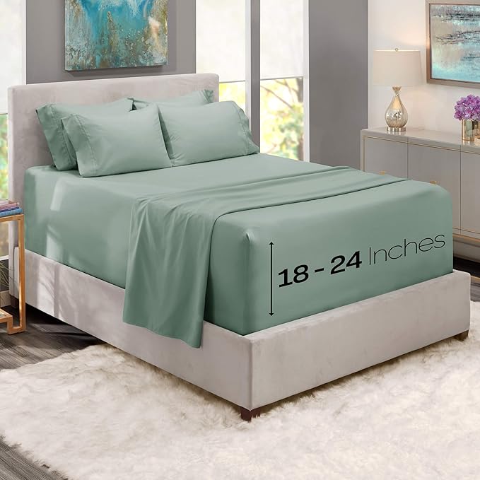 Hearth & Harbor Bed Sheets, Luxury Soft 6 Piece Bed Sheet Set Extra Deep Pocket Fitted Sheets Fits Mattress up to 21", Double Brushed Bedding Sheets & Pillowcases, Twin, Ice Green