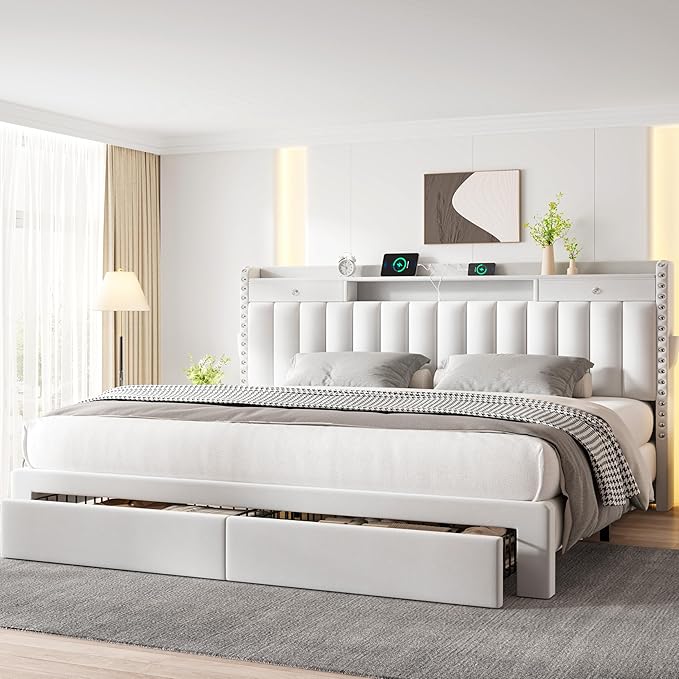 CypBed King Size Bed Frame with 4 Storage Drawers,Velvet Upholstered Platform King Bed Frame and Headboard, 3 USB & Type-C Charging Ports, Solid Wood Slats, No Box Spring Needed, No-Noise, White,Gifts