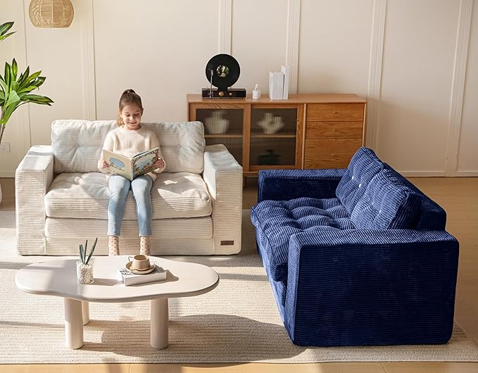 MAXYOYO Convertible Sofa Bed, Pull Out Loveseat Sleeper Sofa, 2 in 1 Folding Couch Bed, Fold Out Floor Couch with Pillows for Living Room Lounge, Navy