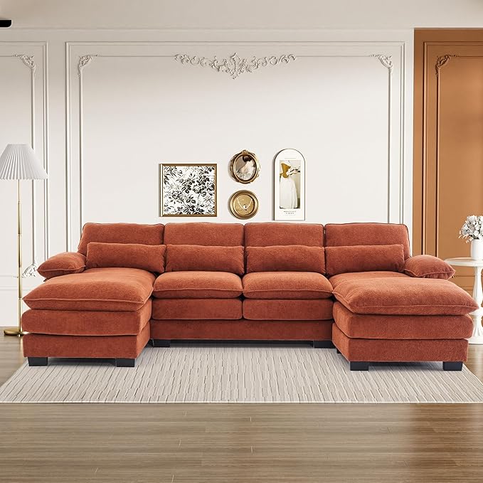 113" Cloud Couch Sectional Modular Sofa U Shaped Sectional Couches for Living Room Comfy 5-Seater Deep Seat Couch Chenille Cloud Sectional Sofa with Movable Ottoman & 4 Pillows, Orange