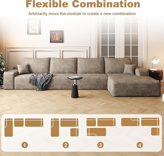 136" Sectional Couches for Living Room Cloud Couch Sofa with L-Shape Upholstered Boneless Couchs Modern Modular Sectional Couch with Chaise (Camel, 136" Right Facing Chaise+3Seaters)
