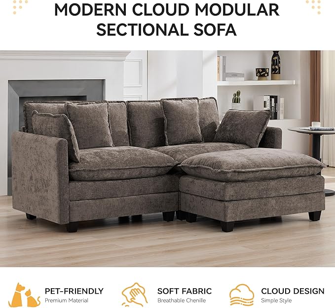 76'' Cloud Deep Seat Loveseat Sofa, Upholstered Chenille Modular 2-Seats Sectional Sofa Couch with Movable Ottoman, Modern Comfy Settee Loveseat for Living Room Set, Small Apartment, Brown