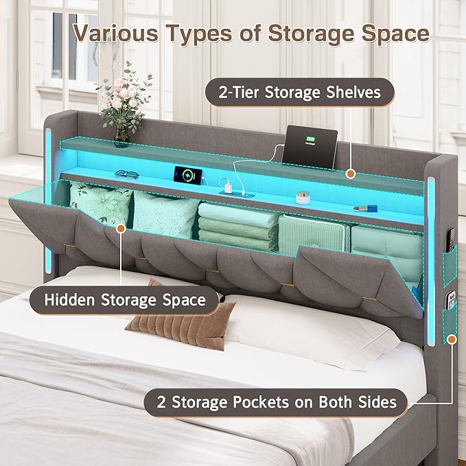 busyaeh Queen Bed Frame with Storage Headboard, Metal Bed Frame with LED Lights & Charging Station, Upholstered Queen Bed with Marshmallow Headboard, No Box Spring Needed, Easy Assembly，Dark Gray