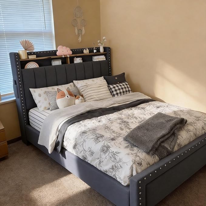 EnHomee Twin Bed Frame Upholstered Twin Bed with Storage Drawers and 2-Tier Vertical Tufted Headboard, Extra Storage Space for Bedroom Apartment, Grey