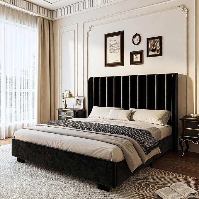 King Size Upholstered Lift Up Storage Bed Frame with 51.2" Tall Headboard, Velvet Wingback Tufted Design, Wood Slats Support, No Box Spring Required, Noise-Free Double Low Bed Frame (King,Black)