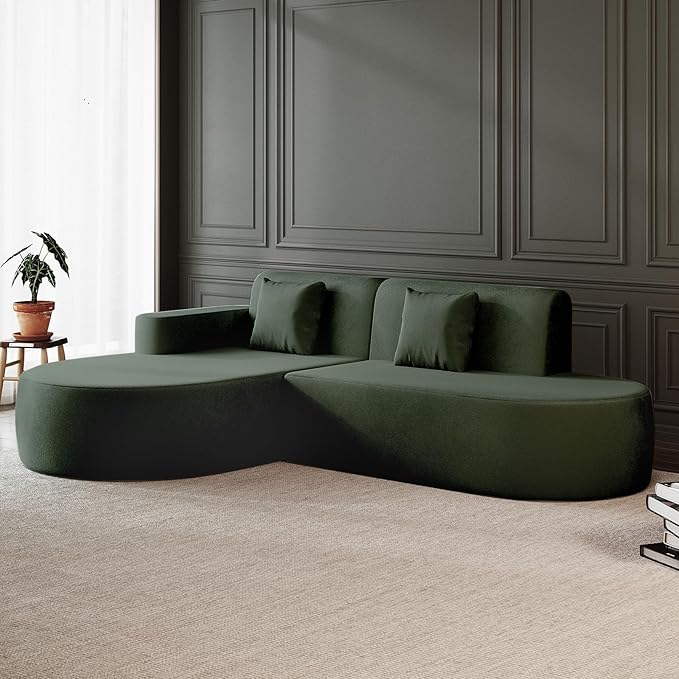 MELLCOM Modern Curved Boneless Sofa Couch, L-Shaped Corner Sofa, No Assembly Needed, Chenille Upholstered Cloud Sectional Couch for Living Room, Bedroom and Apartment (Green, Left Hand Facing)