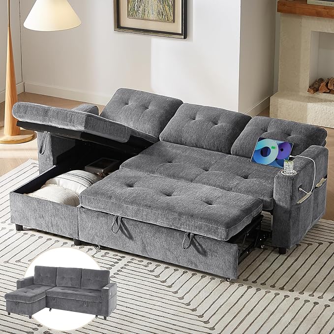 ONBRILL Sleeper Sofa,L-Shaped Sectional Sofa Bed with Storage Chaise,Tool-Free Assembly,Reversible 3 in 1 Pull Out Couch,Couches for Living Room,Apartment,Chenille,Grey