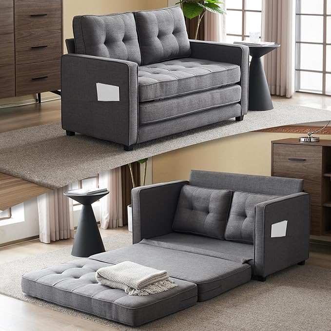 VINGLUpgraded Loveseat Sleeper, 53.5"W 83"L Convertible Sofa Bed Couch Futon Couches for Living Room, Twin Folding Couch Bed for Small Spaces, Foldable Floor Gaming Sofa Bed for Basement, Dark Grey