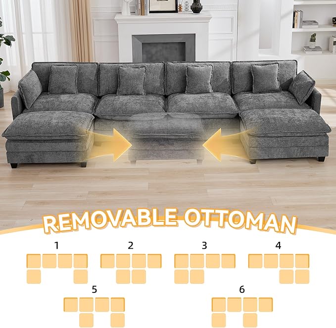 147'' Sectional Cloud Deep Seat Couch, Oversized Chenille U Shaped Sectional Sofa for Living Room Set, Comfy Upholstered Modular Sectional Sofa Couch with 2 Movable Ottoman, Grey