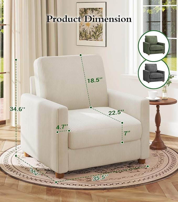 Kidirect 35.5in Corduroy Sofa Accent Chair, Tool-Free Setup Living Room Couch Accent Chairs, Reading Chair for Bedroom 22.5in Extra Deep Seats, Comfy Arm Chairs for Office, All-Wood Reading Nook Beige