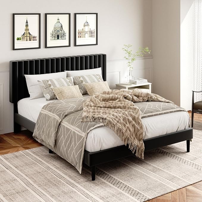 HAOARA Queen Size Platform Bed Frame with Velvet Upholstered Headboard, Queen Bed Frame with Strong Wood Slats, Box Spring Optional, Mattress Foundation, Easy Assembly Black