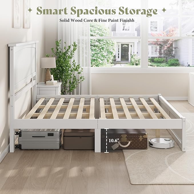 AMERLIFE Solid Wood King Size Storage Bed Frame with Headboard, Platform Bedframe with 2 Storage Drawers, Beadboard Design & Wooden Slats/No Box Spring Needed/Noise-Free, Coastal White Finish