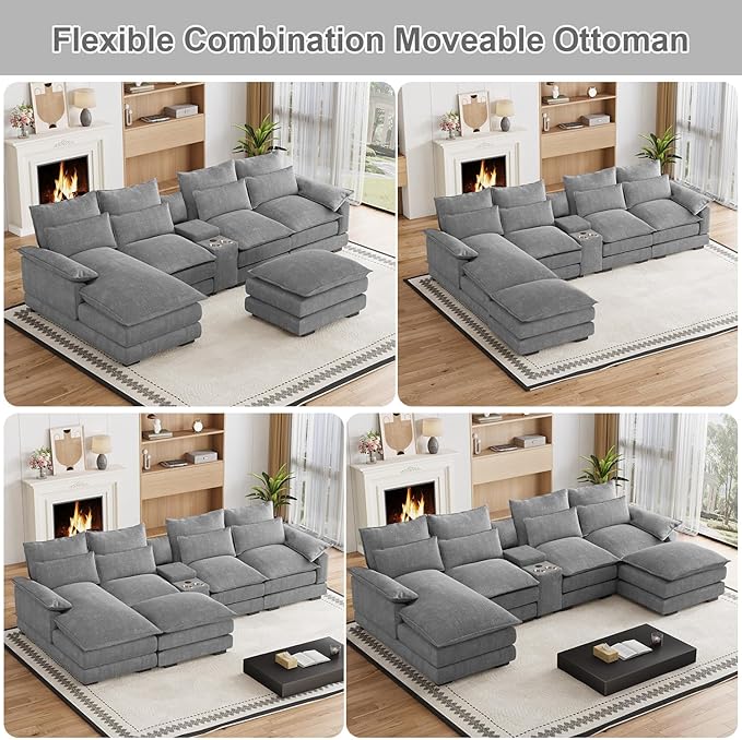 135" U Shaped Cloud Couch Sectional Modular Sectional Couches for Living Room Oversized Comfy Chenille Sofa Cloud Couch Set with Storage Central Console, USB Ports, Chaise Lounge, Ottoman, Grey