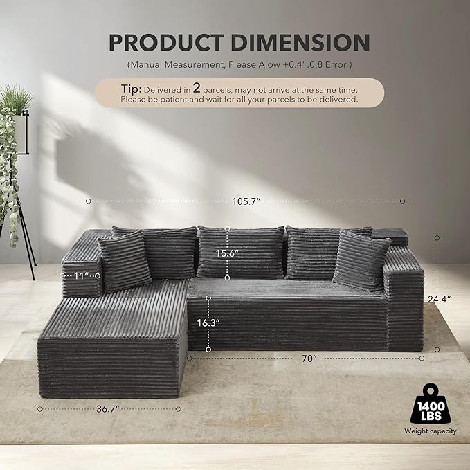 Garvee Modular Sectional Sofa Cloud Sectional Couch, 106" Comfy L Shaped Couches for Living Room,Oversized Sofa Sleeper with Deep Seat, No Assembly Required