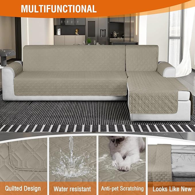VANSOFY Sectional Couch Covers 100% Waterproof L Shaped Sofa Slipcover 3pcs Reversible Chaise Lounge Cover for Sectional Sofa Furniture Protector Cover for Pets Cat Dog(X-Large, Khaki)
