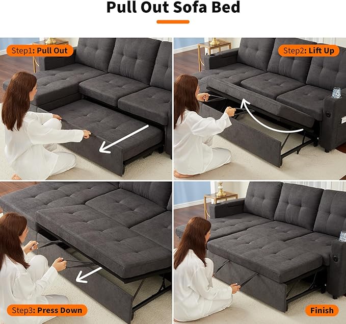 Garvee Couches for Living Room, 84'' Sofa Bed，l-Shaped Sectional Sleeper Sofa with Pull Out Bed，Reversible Storage Chaises， Hidden Storage Armrests，Cup Holders & USB Charging Ports